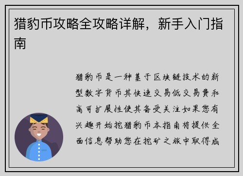 猎豹币攻略全攻略详解，新手入门指南
